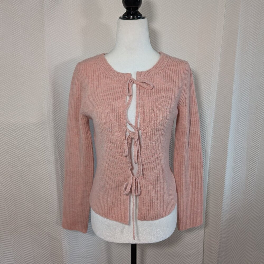 GU Front Ribbon Tie Pink Ribbed Knit Cardigan Size Small Balletcore Softgirl